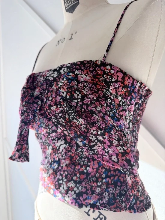 Maje Floral Silk Crop Top Black Pink (3/S) | Sleeveless Parisian Chic Summer - Picture 7 of 13